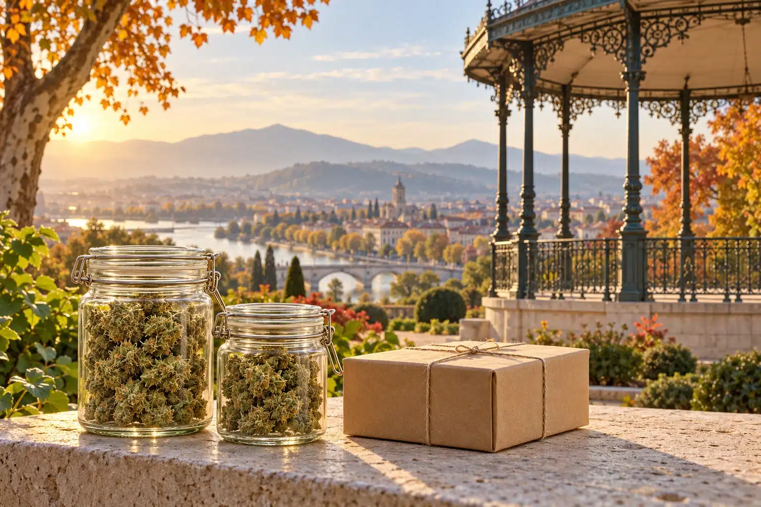 CBD Valence : fleurs de chanvre et colis devant une évocation du kiosque Peynet et du parc Jouvet.