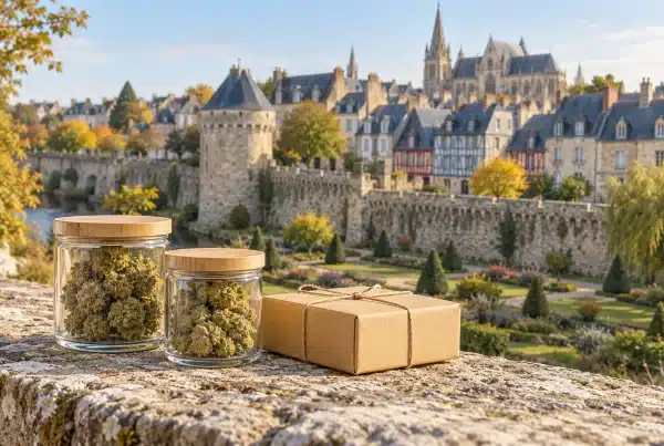 CBD Vannes : fleurs de chanvre et colis devant une évocation des remparts et des jardins du centre historique.